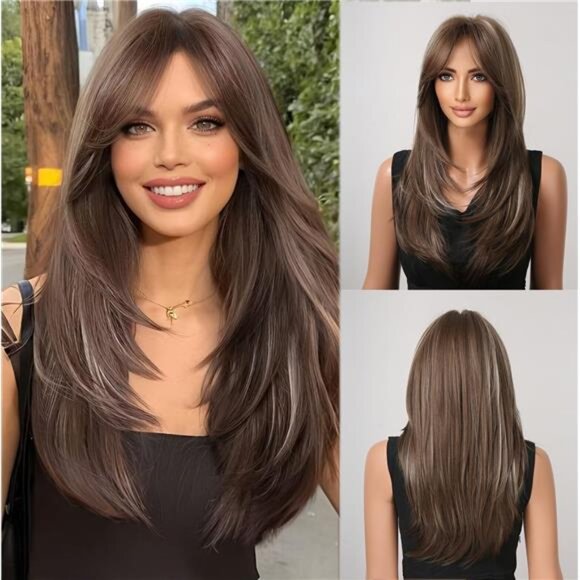 Long Straight Brown with Blonde Highlight Layered Synthetic Hair Wig